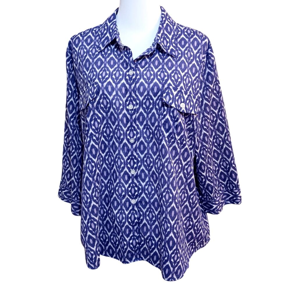 CHICO'S 3 Lightweight Shirt Blouse‎ Top 16 XL Casual Office Pockets Purple White